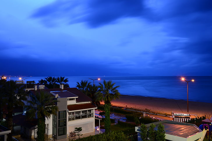 night view, beach, blue, sea, night, sunset, dusk