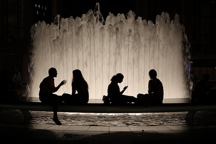 fountain, people, silhouette, city, travel, sitting, young men