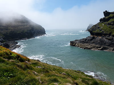 Cornwall, Boscastle, Costa, roca, niebla, Río, Inglaterra