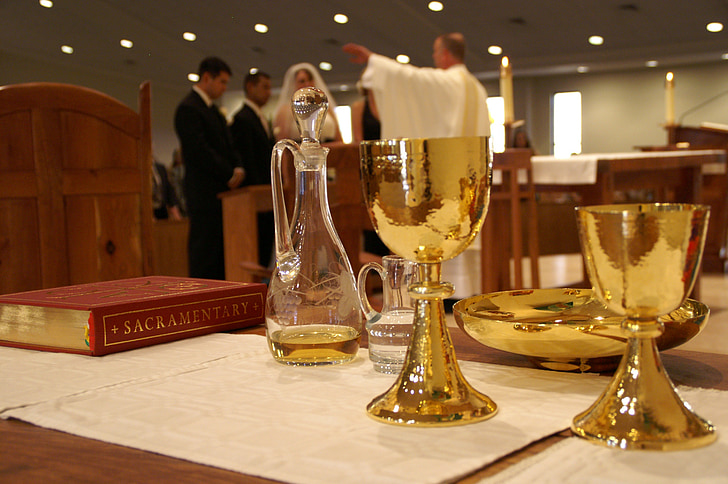 Sacrament, tabel, kerk, goud, cups, bruiloft, ceremonie
