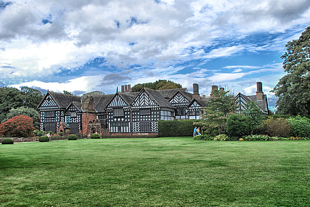 speke hall, liverpool, england, great britain, sky, clouds, mansion