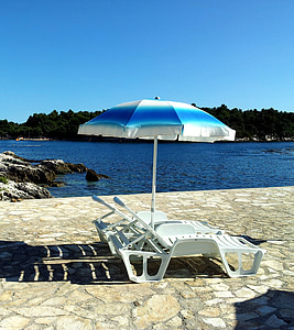 ombrello da spiaggia, spiaggia, sedie, estate, Vacanze, mare, blu