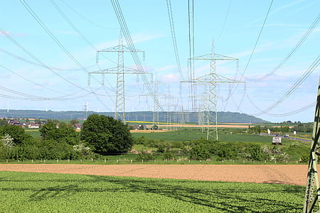 ligne électrique, domaine, RWE, poteaux électriques, paysage, électricité, strommast