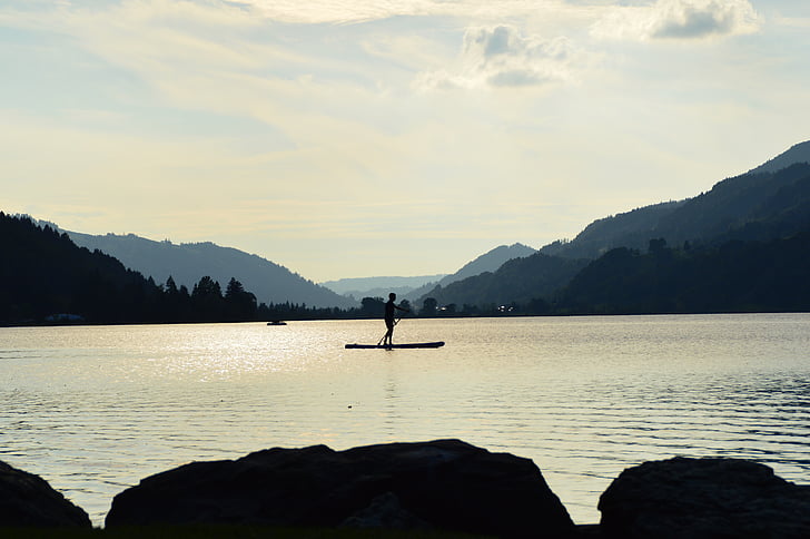 stand paddle, Lac, Alpsee, Immenstadt, Allgäu, montagnes