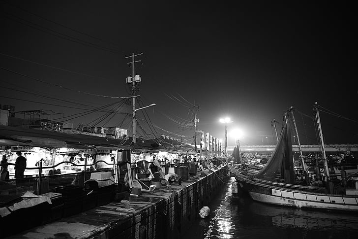 přístaviště, trh, Incheon, mentholatum tlama, tradiční trh, noční zobrazení, námořní plavidla