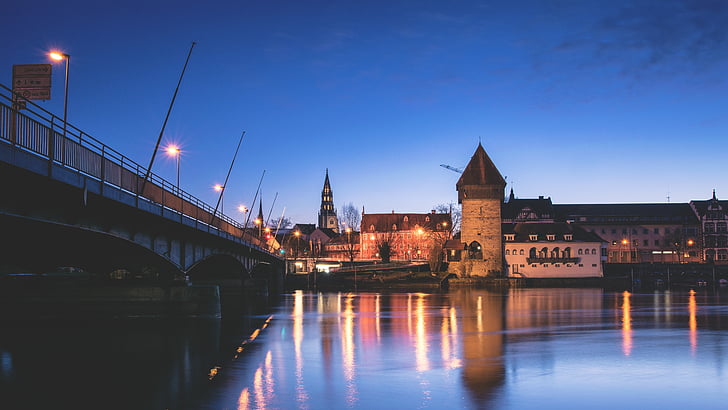 Kota, kota tua, kota tua bersejarah, Jerman, senja, Konstanz, lampu-lampu kota