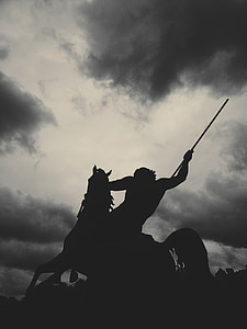 paard, wolken, silhouet, strijder, lucht, dreigende, zwart