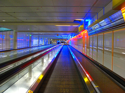 airport, treadmill, passenger transport, roll band, movement, neon, blue