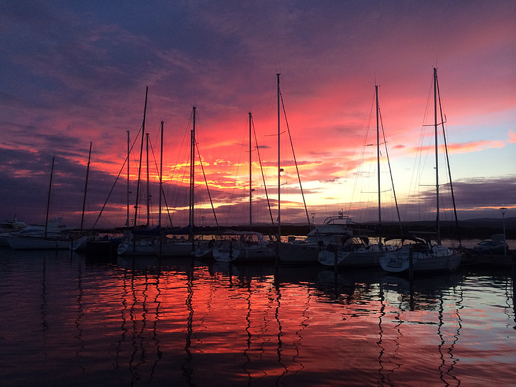 sea, boats, sunset