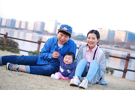 семейство, Корейски, бебе, усмивка, родителите, дете