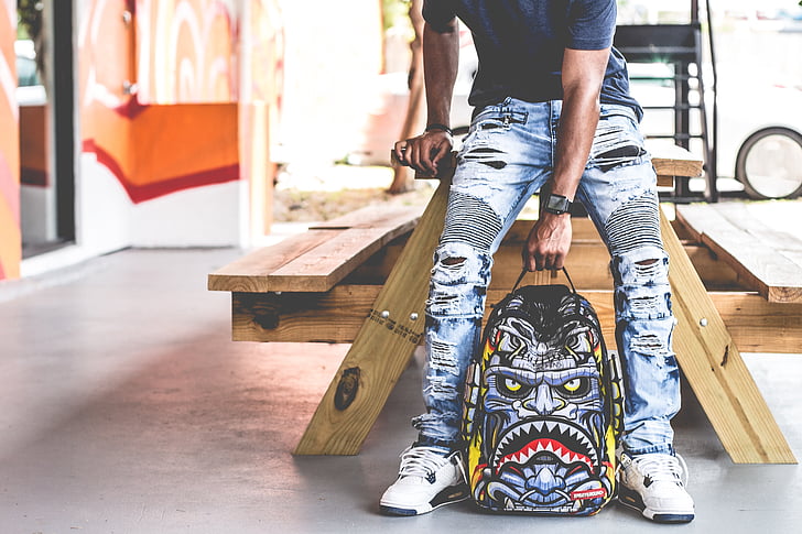 bag, graffiti, art, ripped, jeans, ripped jeans, wooden