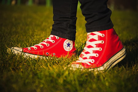 Converse, všechny hvězda, logo, červená, boty, chůze, dvojice