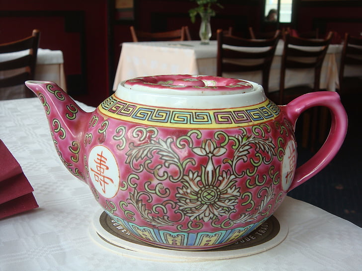 tea pot, chinese, pink, porcelain, nice, table, restaurant