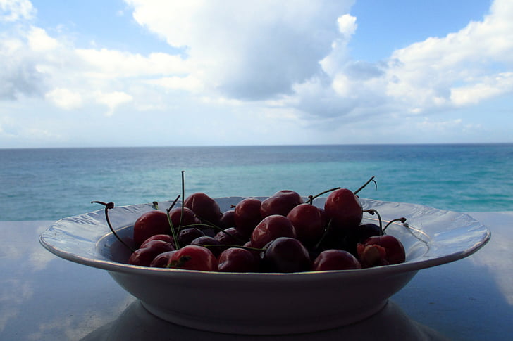 deliciosas cerezas, mar, recuperación, alegría de la vida, Isla, fruta, alimentos
