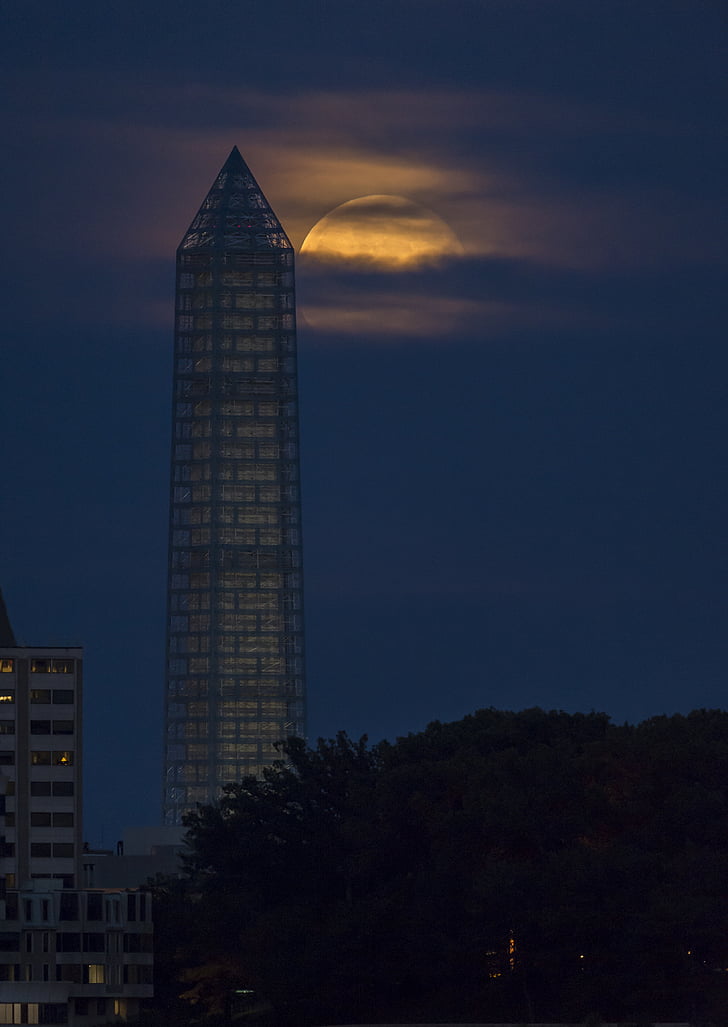 supermoon, fuld, perigee, nat, Washington-monumentet, glødende, lyse