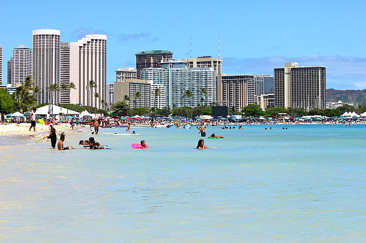 Waikiki, soligt, stranden, resor, Hawaii, Oahu, Honolulu