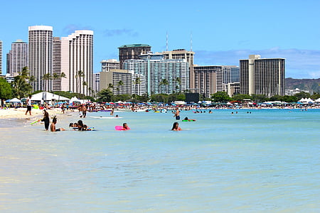 Waikiki, saulains, pludmale, ceļojumi, Hawaii, Oahu, Honolulu