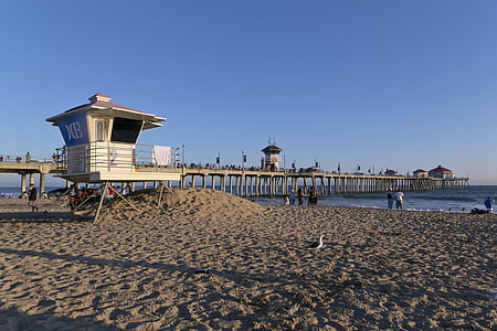 Huntington beach, óceán, homok, életmentő, épület, Pier, szabadidő
