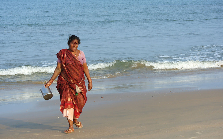Indien, fishwife, kvinna, stranden, vatten, kvinna, kvinna beach