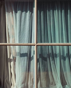 langas, stiklo, ryte, saulėta, dieną, užuolaidos