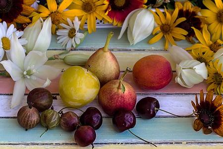 still life, fruits, fruit, pears, flowers