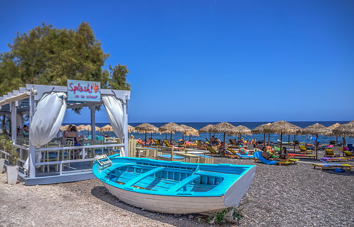 barco, praia, Praia Kamari, Santorini, Grécia, mar, areia
