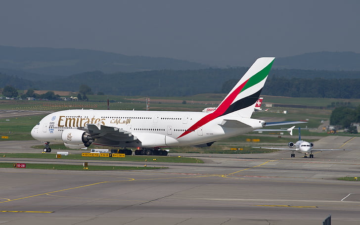 emirates, airbus a380, aircraft, airport, zurich, zrh, airport zurich