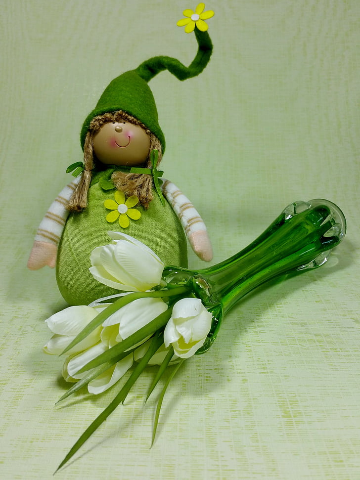 imp, spring, green, funny, tulips, vase