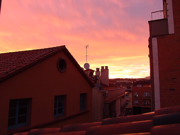 naplemente, város, ház, tető, építészet, piros