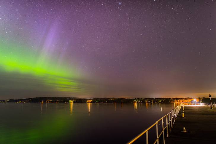 Aurora, luzes do Norte, borealis, à noite, fenômeno, magnético, atmosfera