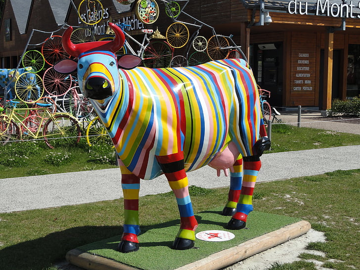 cow, design, fantasy, full size, colorful, statue, striped