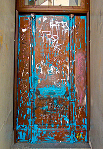 drzwi, graffiti, niebieski, metalu
