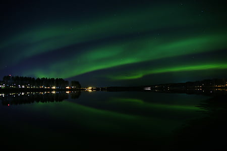 northern lights, himmel, night, mirroring, sweden, reflection, water