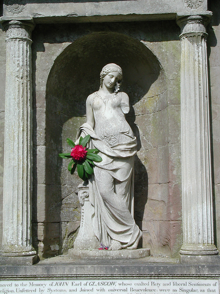 femme, femelle, fleur, Kelburn, statue de, maçonnerie en pierre, Pierre