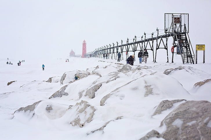 pier, jetty, lighthouse, red, michigan, people, winter