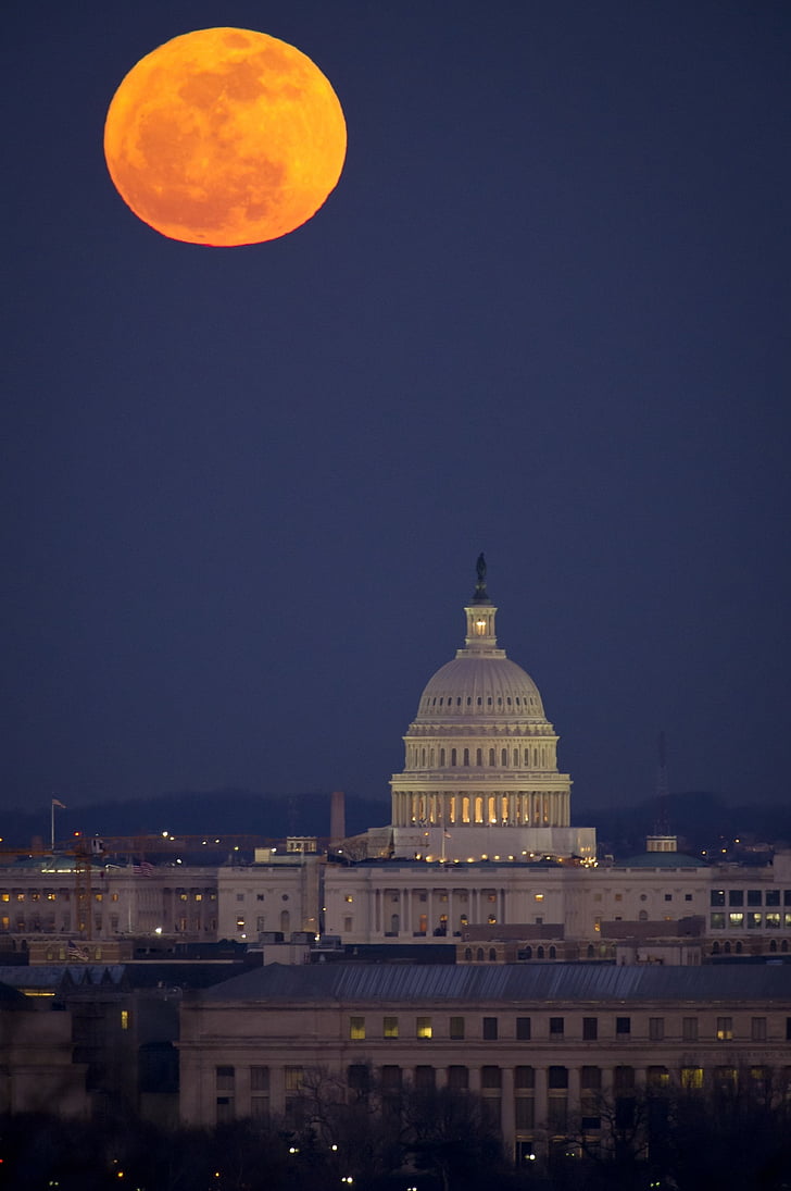 Luna llena, Washington, c.c., Capitol, arquitectura, edificio, cielo