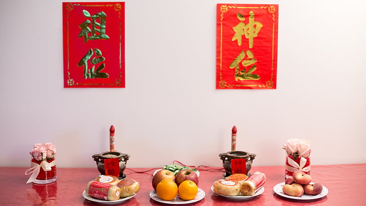 casament, xinès, oferint, tradició, vermell, aliments, Festival