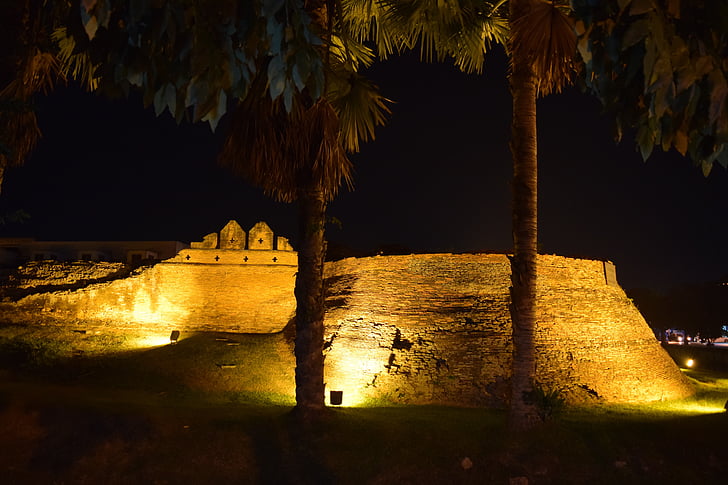 chiang mai, city wall, night photograph, palm trees, night, architecture, reflection