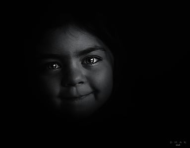 zwart-wit, donker, ogen, meisje, Portret, mensen, zwarte achtergrond