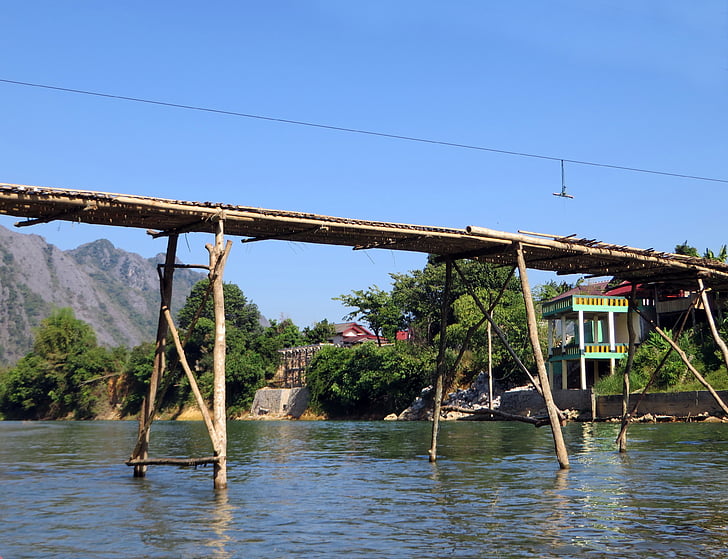 Laos, Van vieng, pont, pont de bambou, Rustic, chariot, eau