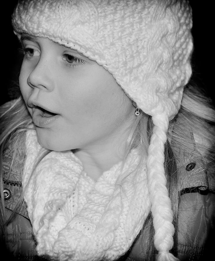 child, girl, face, cap, winter, black and white recording, black And White