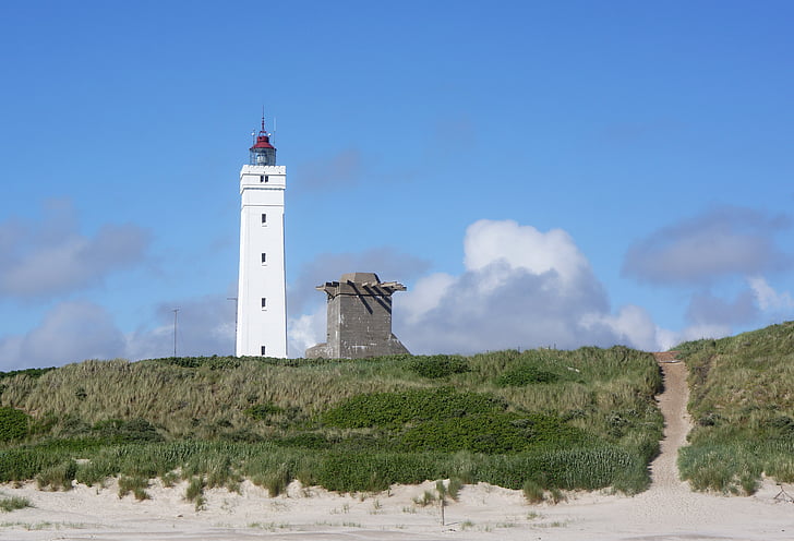 blue water, lighthouse, natural, denmark, dunes, landscape