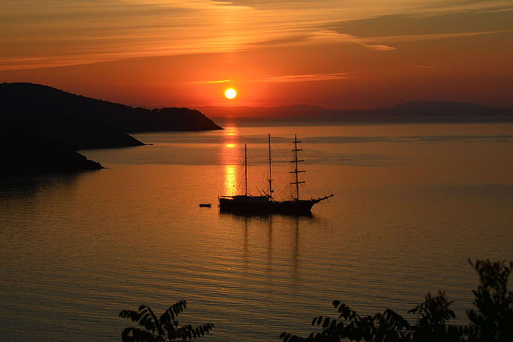 solnedgång, landskap, havet, fartyg, Orange, Italien, ön elba