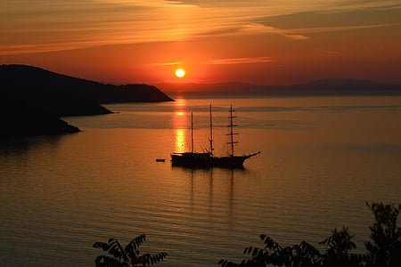 posta de sol, paisatge, Mar, vaixell, taronja, Itàlia, illa d'elba