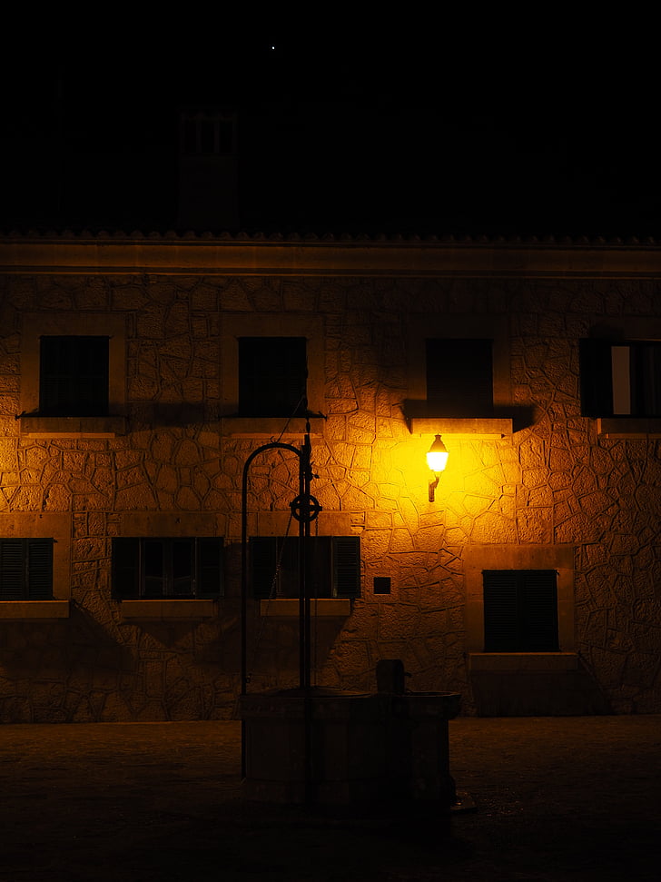 Fontána, V noci, osvětlené, noční fotografie, Architektura, lampy, lampa glow