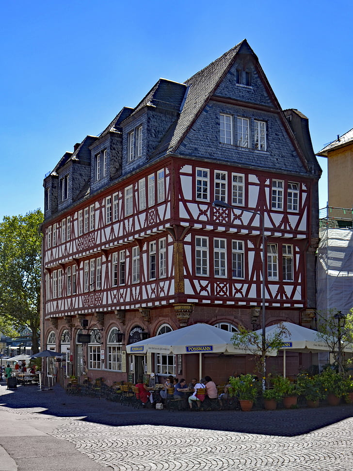 Frankfurt, Hesse, Németország, Römerberg, óváros, rácsos, fachwerkhaus