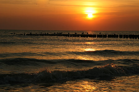 solnedgang, stranden, silhuett, kveld, romantisk, solnedgang, sjøen