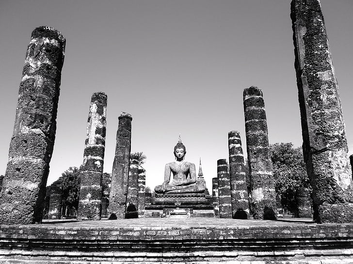 costruzione, antica, Tempio, Statua, seduta, Buddha, colonne