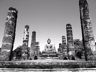 budova, starověké, chrám, socha, sedící, Buddha, sloupce