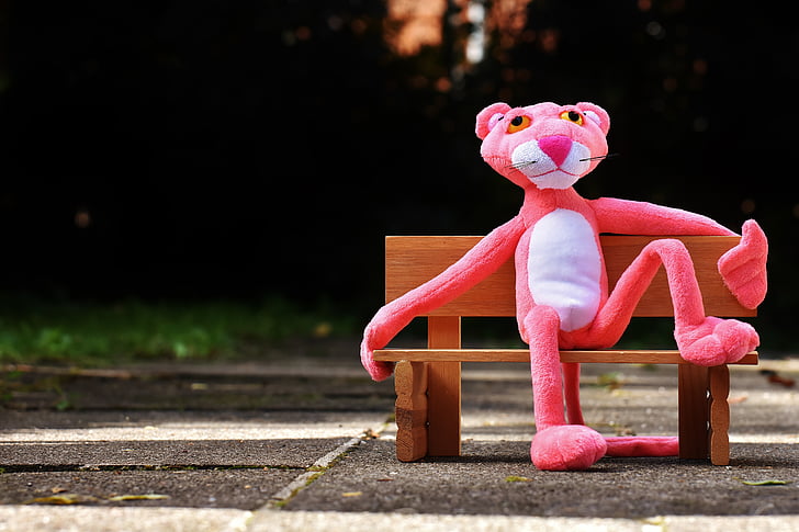 pink panther, bank, rest, sit, figure, funny, animal